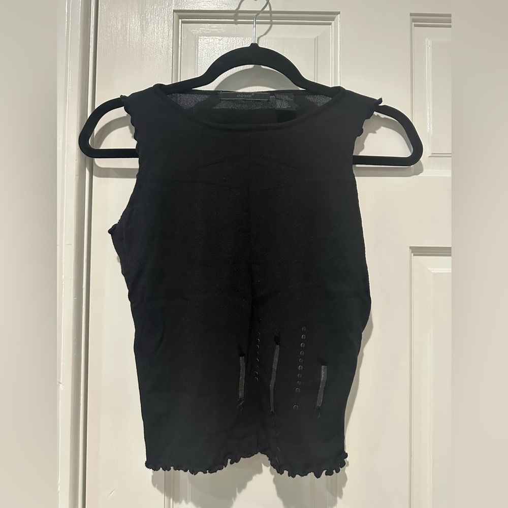 Easel Black Tank Top with Button Detail